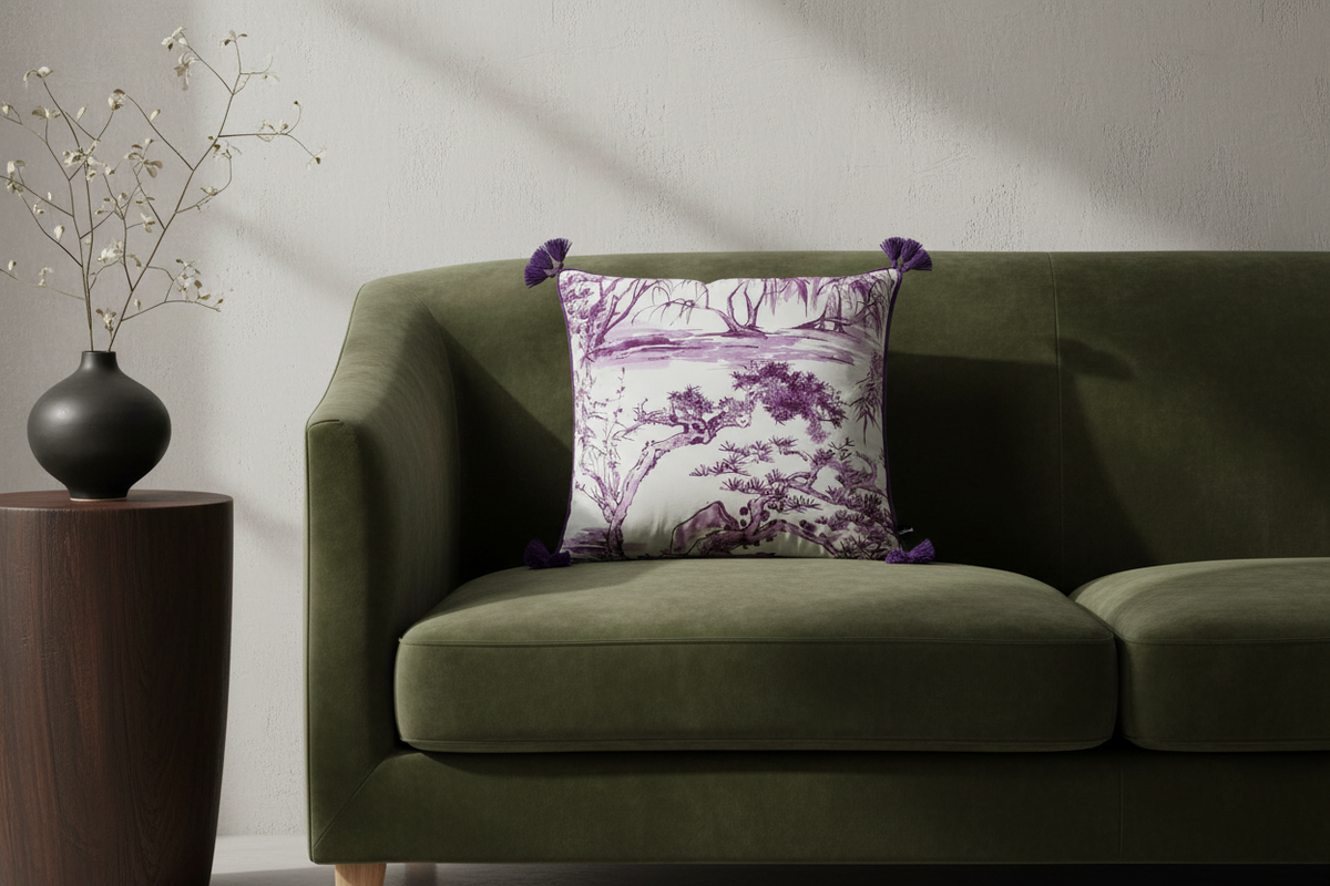 A square throw pillow with a purple and white toile-style landscape print and purple tassels, styled on an olive green velvet sofa next to a dark wooden side table with a black vase.
