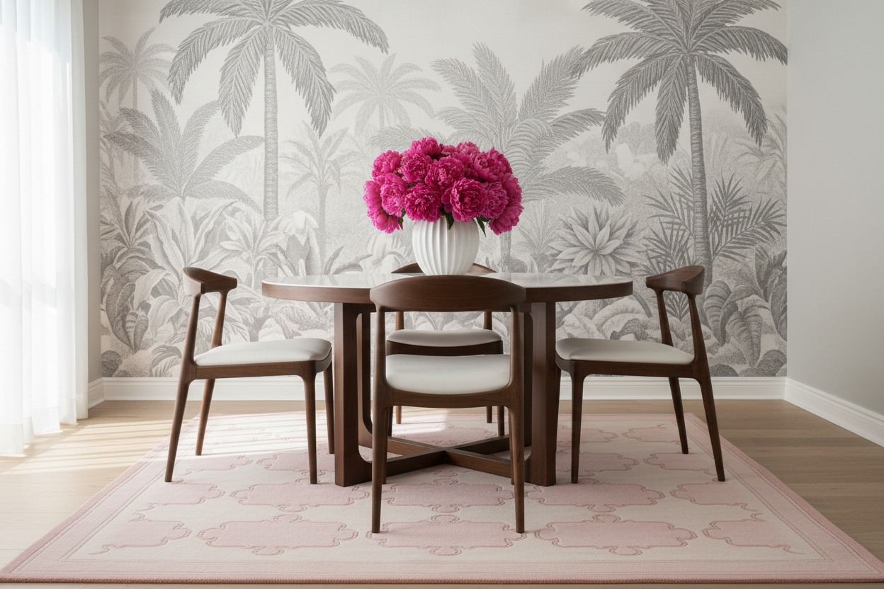 Dining room with a round wooden table and chairs, pink rug, flowers in a vase, and palm tree wallpaper.