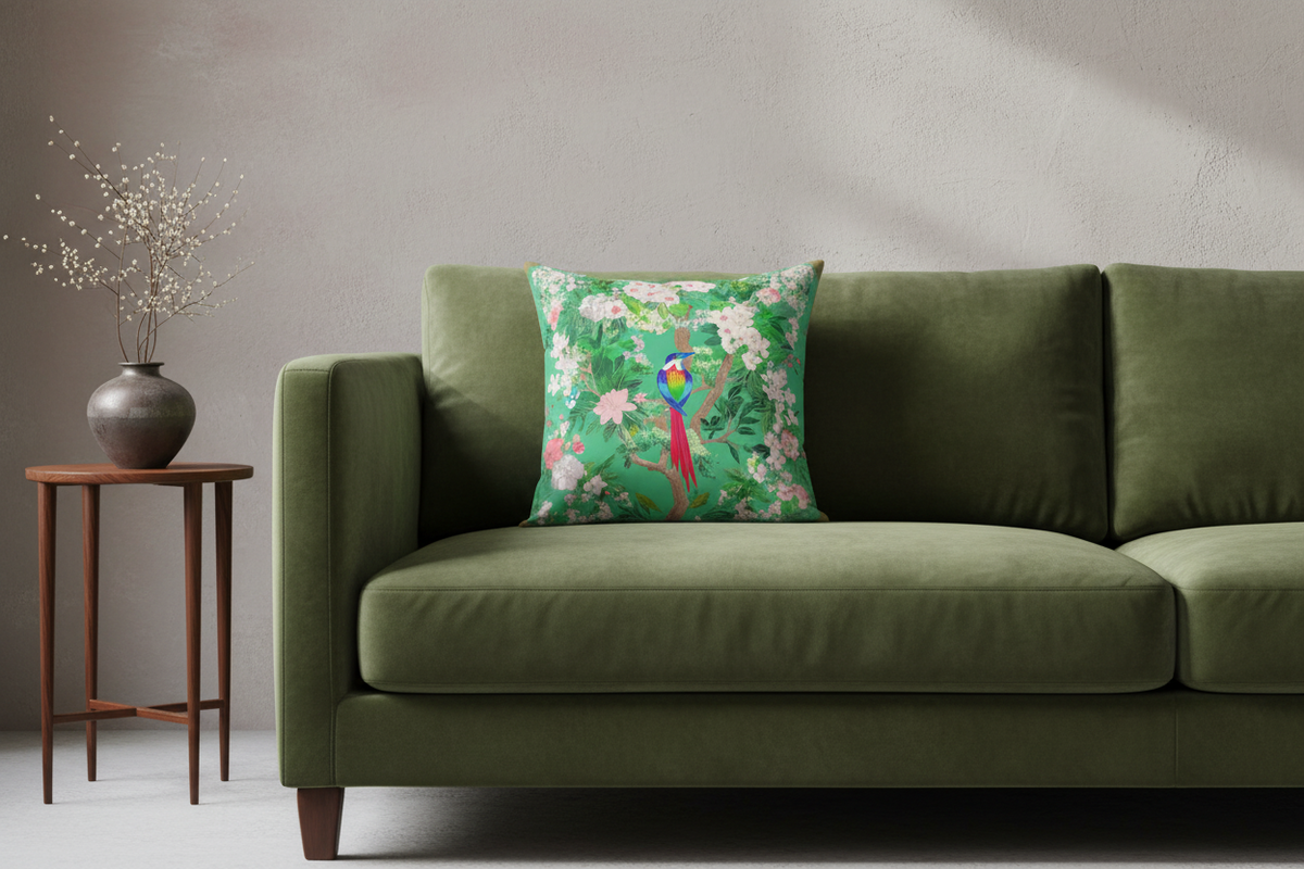 An olive green velvet sofa in a styled room setting, featuring a decorative throw pillow with a colorful tropical floral and bird pattern, next to a wooden side table with dried flowers.
