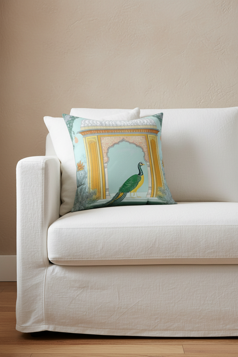 A decorative throw pillow featuring a turquoise and gold architectural arch design with a peacock, styled on a white slipcovered sofa against a beige wall.
