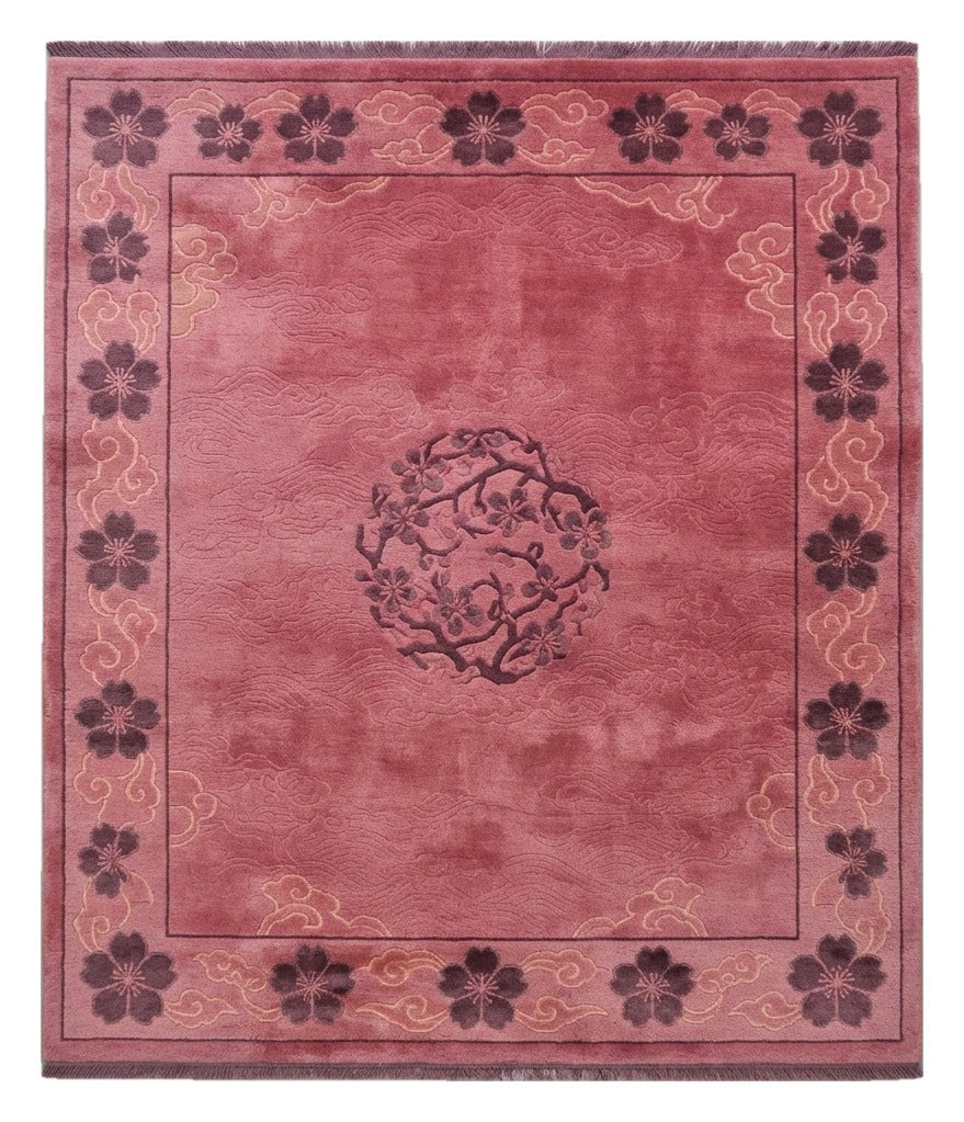 Raspberry Cloud Crest Hand Knotted Rug — pink, raspberry, plum chinoiserie rug by Maia Homes on a white background