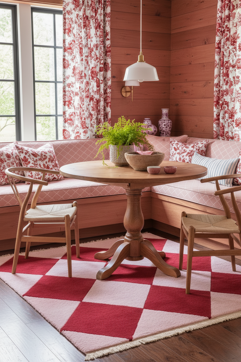 Living room with wooden furniture, floral curtains, and a checkered rug.