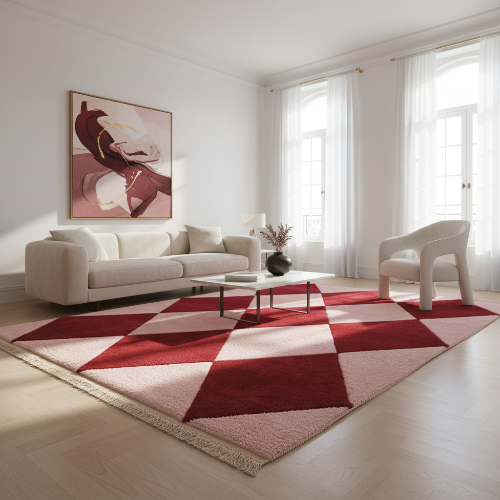 Modern living room with a red and pink geometric rug, white sofa, and a large window.