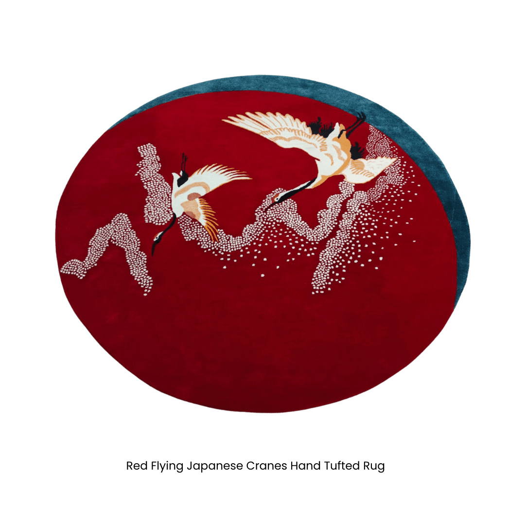 Red Flying Japanese Cranes Hand Tufted Rug