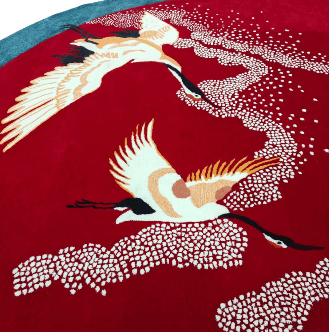 Red Flying Japanese Cranes Hand Tufted Rug