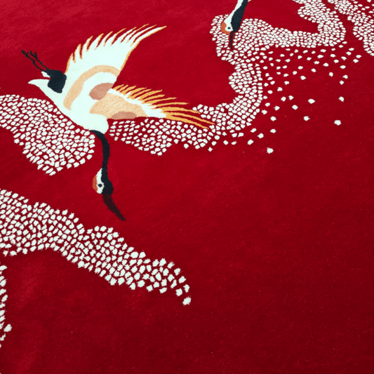 Red Flying Japanese Cranes Hand Tufted Rug