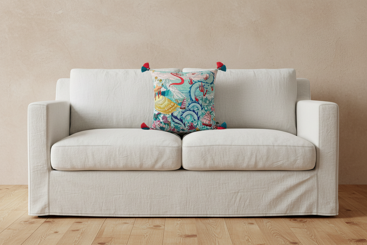 A cream-colored fabric slipcovered loveseat sofa with a colorful, ornate patterned accent pillow featuring red tassel details, set against a textured beige wall and light wood flooring.