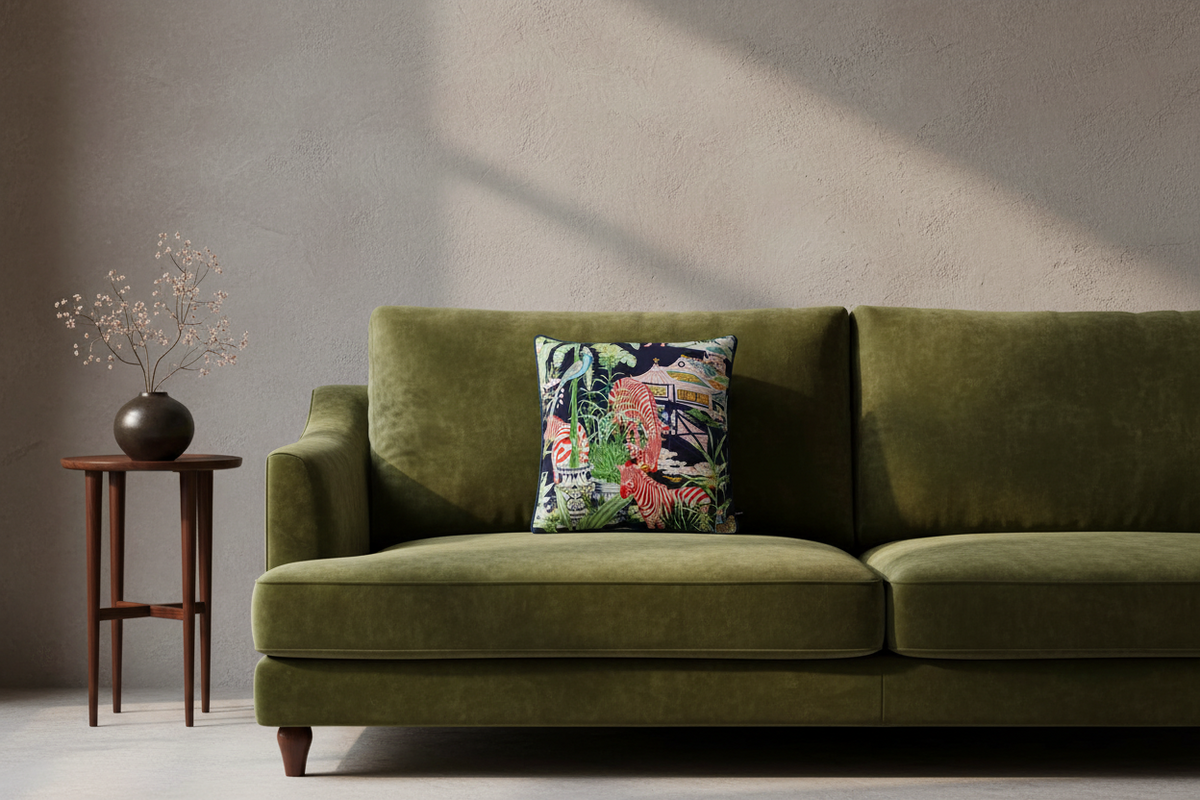 Regal Midnight Zebra cushion cover on a green sofa against a warm terracotta wall