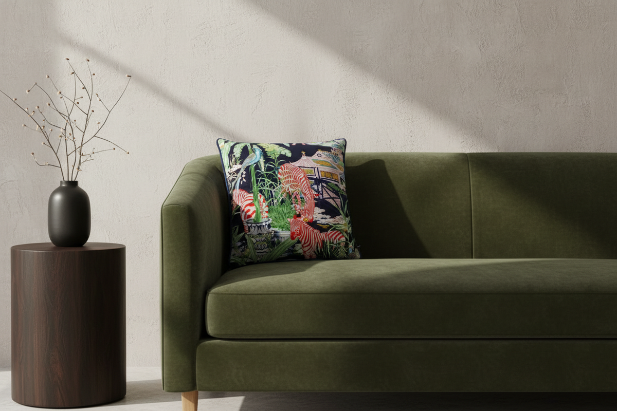A light gray upholstered armchair with a colorful tropical floral pillow, set in a styled room with a wood-paneled wall, a floor lamp, and a small side table.