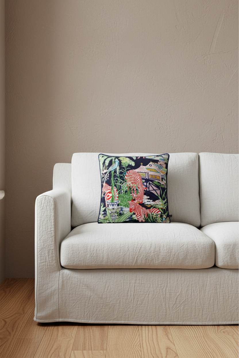 A light gray upholstered armchair with a colorful tropical floral pillow, set in a styled room with a wood-paneled wall, a floor lamp, and a small side table.