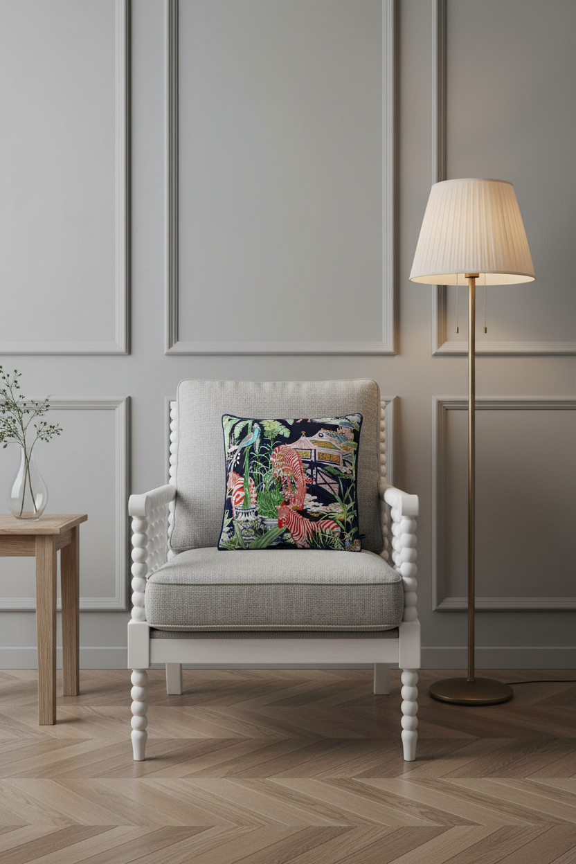 A light gray upholstered armchair with a colorful tropical floral pillow, set in a styled room with a wood-paneled wall, a floor lamp, and a small side table.