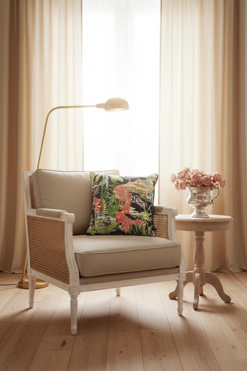 A light gray upholstered armchair with a colorful tropical floral pillow, set in a styled room with a wood-paneled wall, a floor lamp, and a small side table.