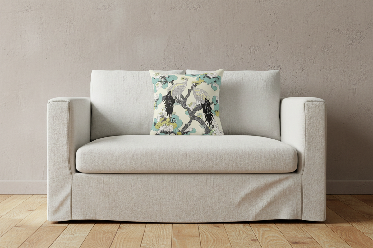 A light beige slipcovered loveseat sofa with a decorative throw pillow featuring a Japanese-style crane print, set against a textured beige wall and light wood flooring.
