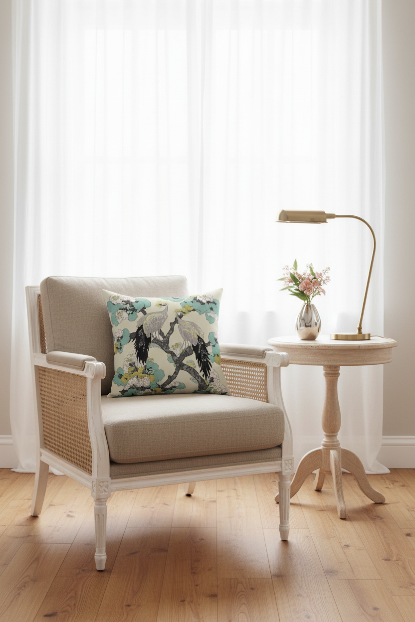 A light beige slipcovered loveseat sofa with a decorative throw pillow featuring a Japanese-style crane print, set against a textured beige wall and light wood flooring.