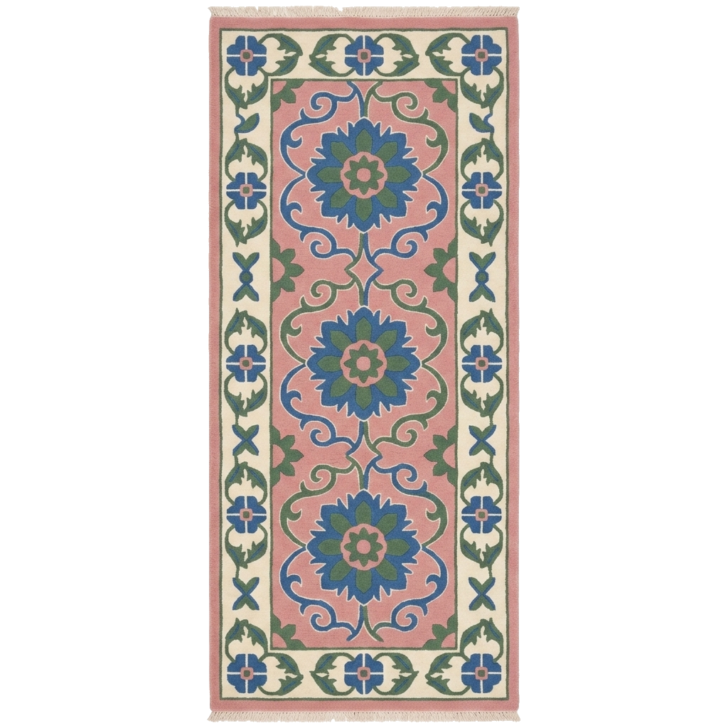 A rectangular area rug with a traditional floral pattern in  blue, green, and cream, shown flat against a PINK background.