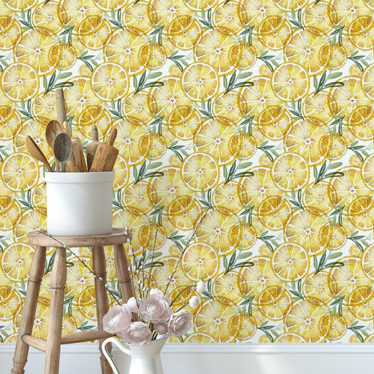Retro Style Geometric Lines Wallpaper Yellow Lemons Fruit Kitchen Removable Wallpaper Yellow Lemons Fruit Kitchen Removable Wallpaper 