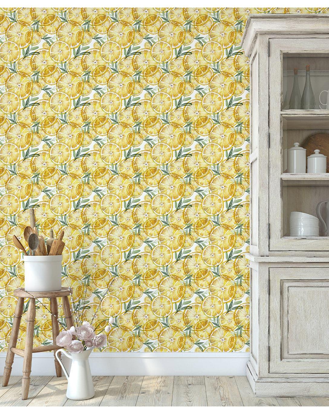 Retro Style Geometric Lines Wallpaper Yellow Lemons Fruit Kitchen Removable Wallpaper 