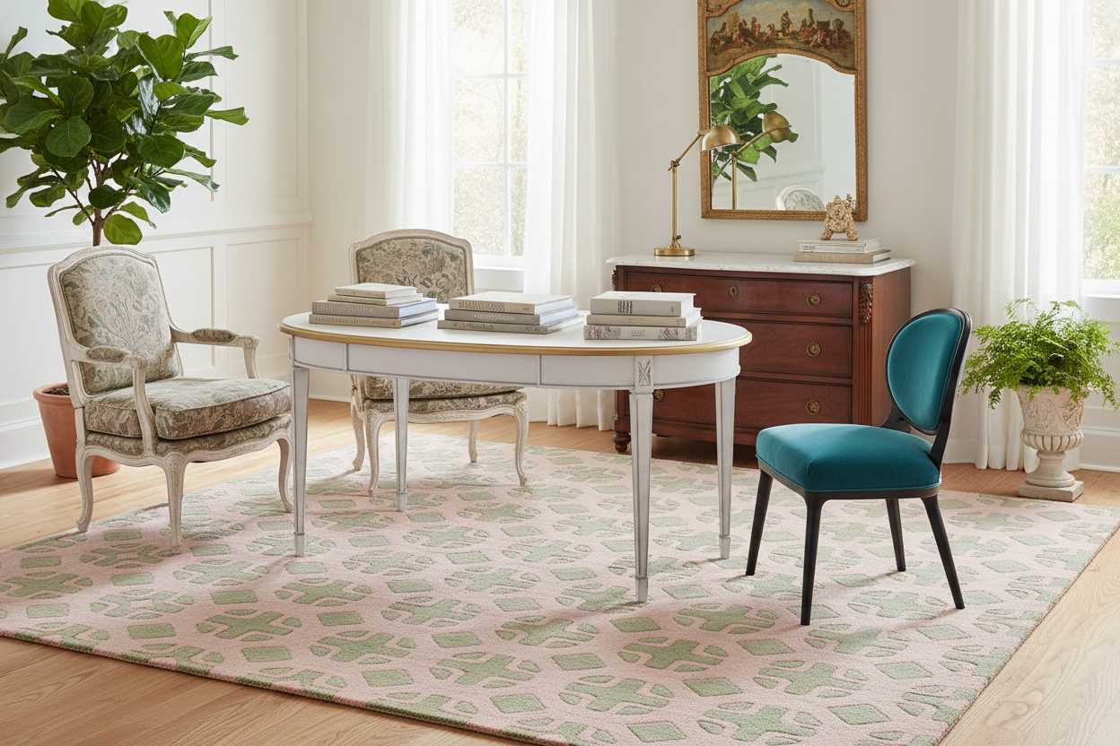 Dining room with a green and pink rug, round table, chairs, and decorative elements.