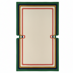 Rectangular hand tufted wool rug with a green border on a white background