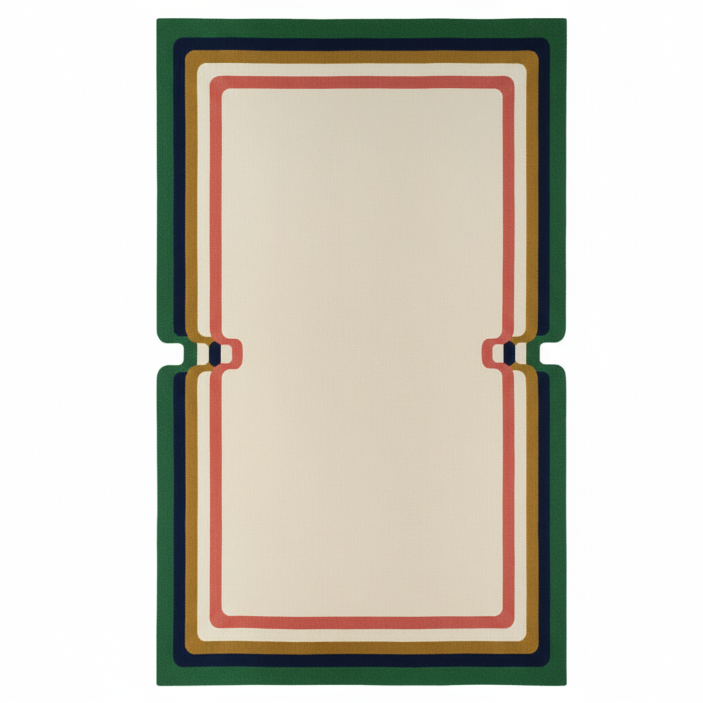 Rectangular hand tufted wool rug with a green border on a white background