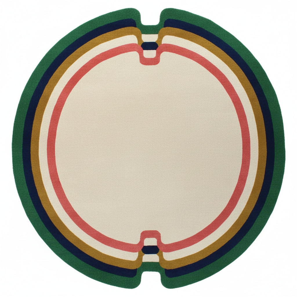 Round rug with brown, blue, and beige border on a white background