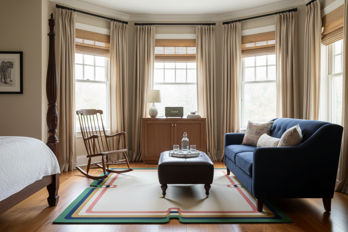 Living room with blue sofa, rug, ottoman, and rocking chair near large windows with curtains.