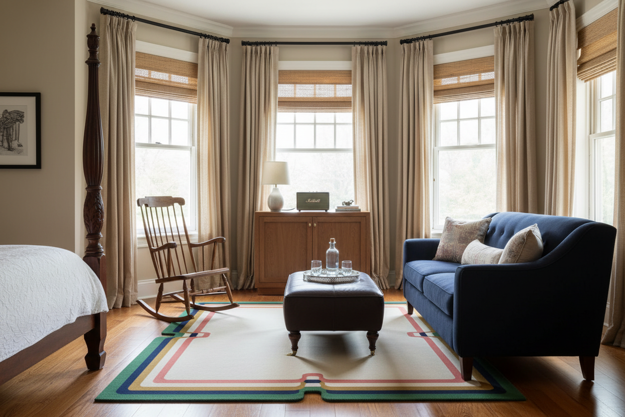 Living room with blue sofa, rug, ottoman, and rocking chair near large windows with curtains.