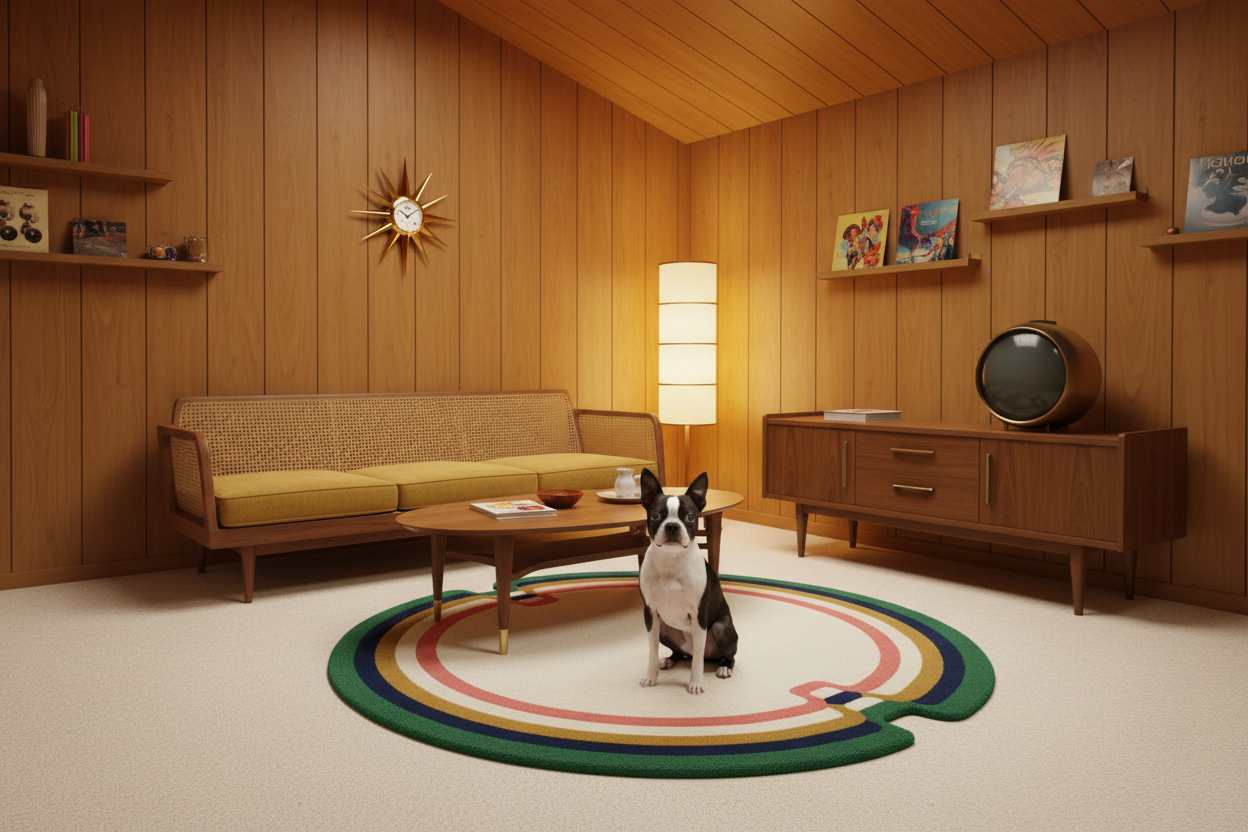Dog sitting on a colorful rug in a retro-style living room with wooden walls and furniture.