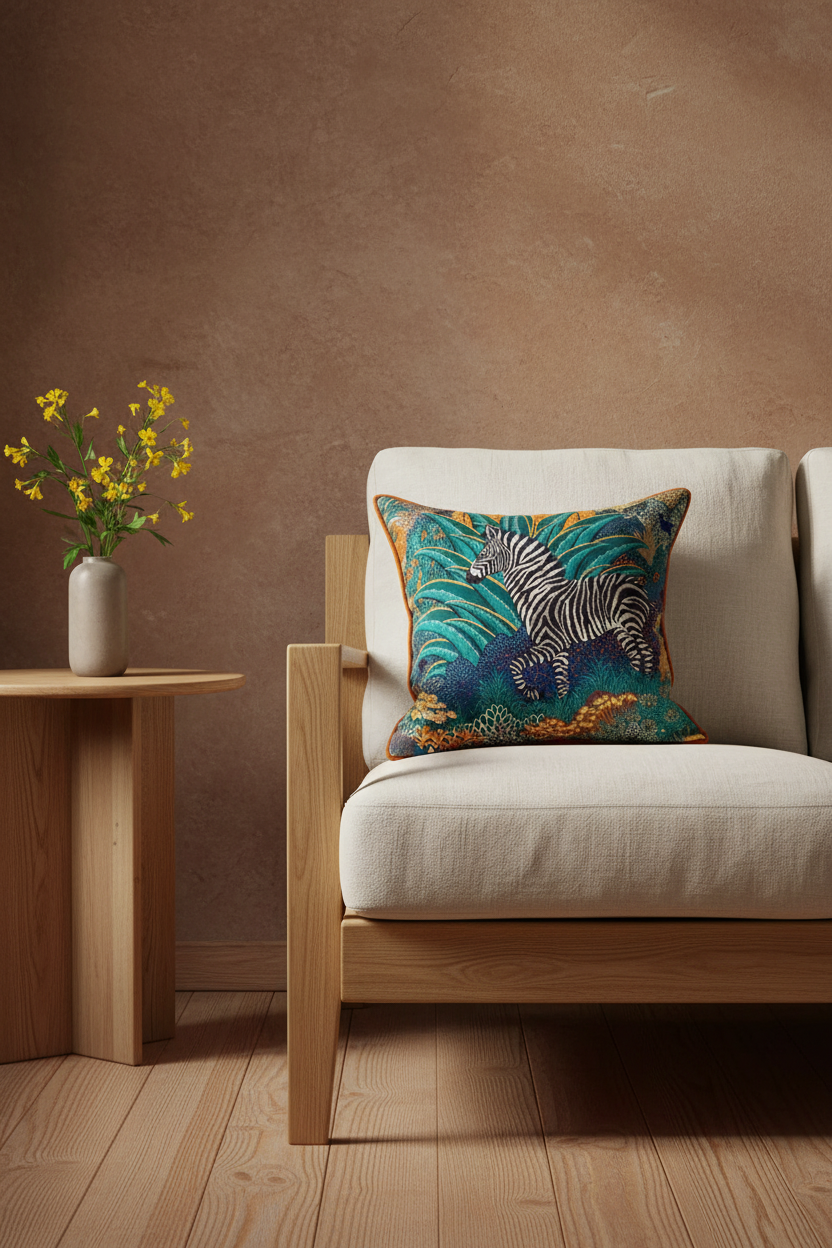 A square throw pillow with a colorful zebra print on a teal and blue background, styled on a light wood armchair in a modern living room setting.