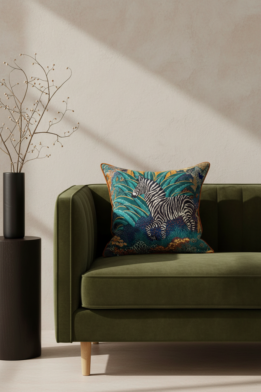 A square throw pillow with a colorful zebra print on a teal and blue background, styled on a light wood armchair in a modern living room setting.