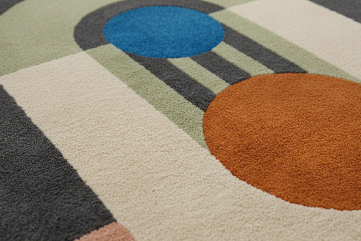 Geometric patterned rug with circular shapes in blue, orange, and gray on a neutral background