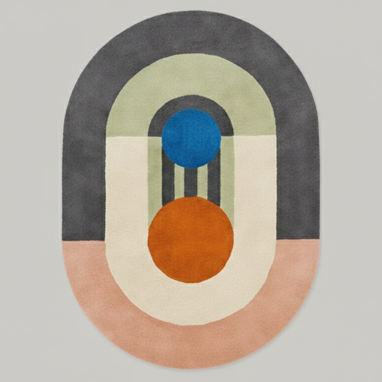 Geometric rug with circular design featuring concentric circles in various colors on a light gray background.