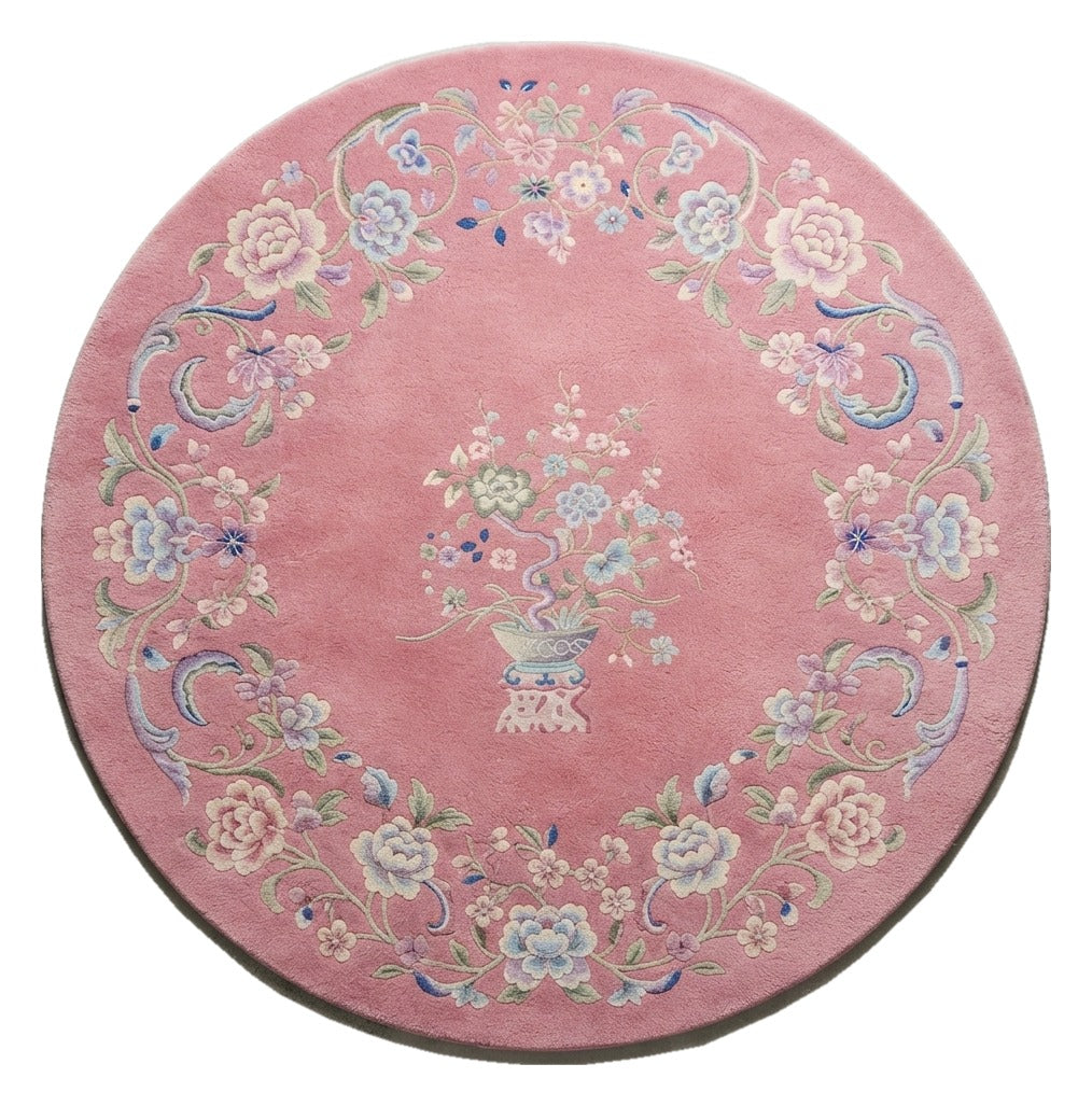 Rose Garland Round Hand Tufted Rug — pink, blue, cream floral rug by Maia Homes on a white background