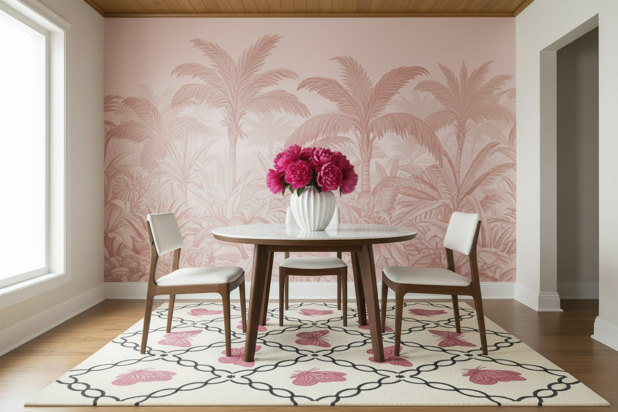 Dining room with pink palm tree wallpaper, round table, and chairs.