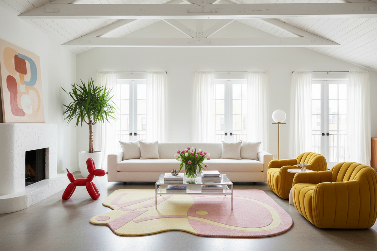 Modern living room with white walls, yellow chairs, and a pink rug.