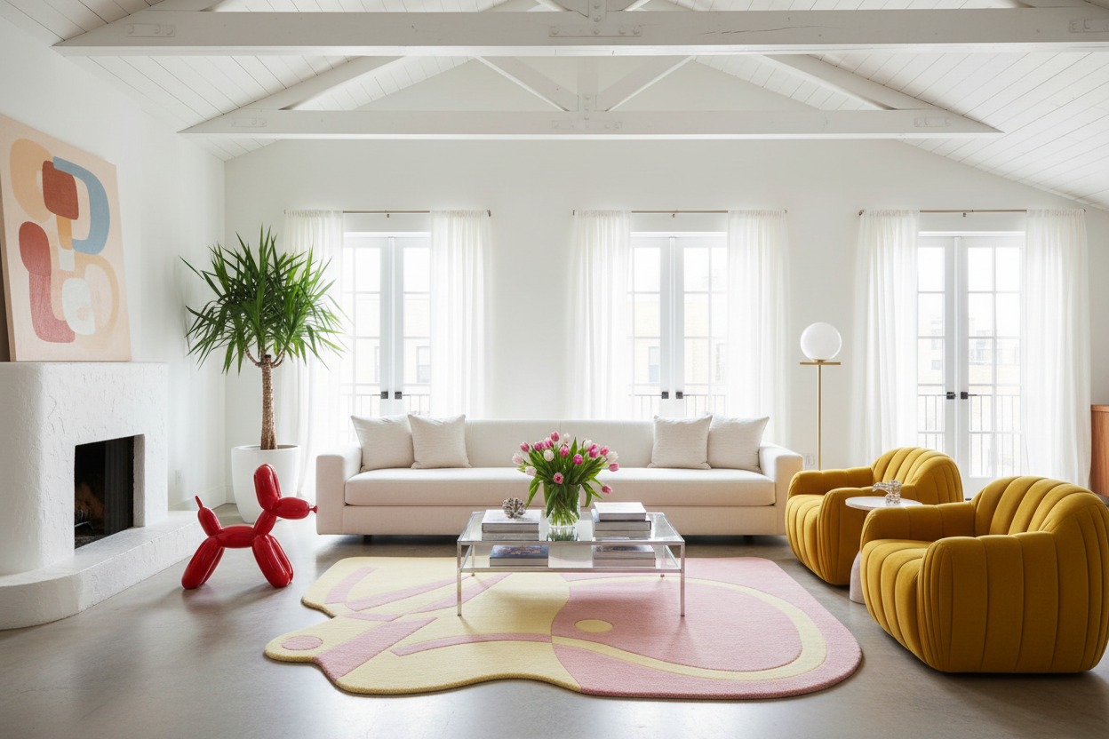 Modern living room with white walls, yellow chairs, and a pink rug.