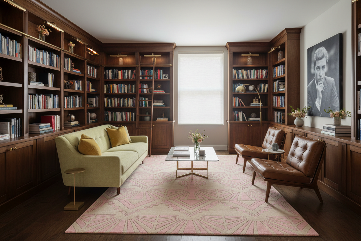 Living room with bookshelves, sofa, and coffee table.