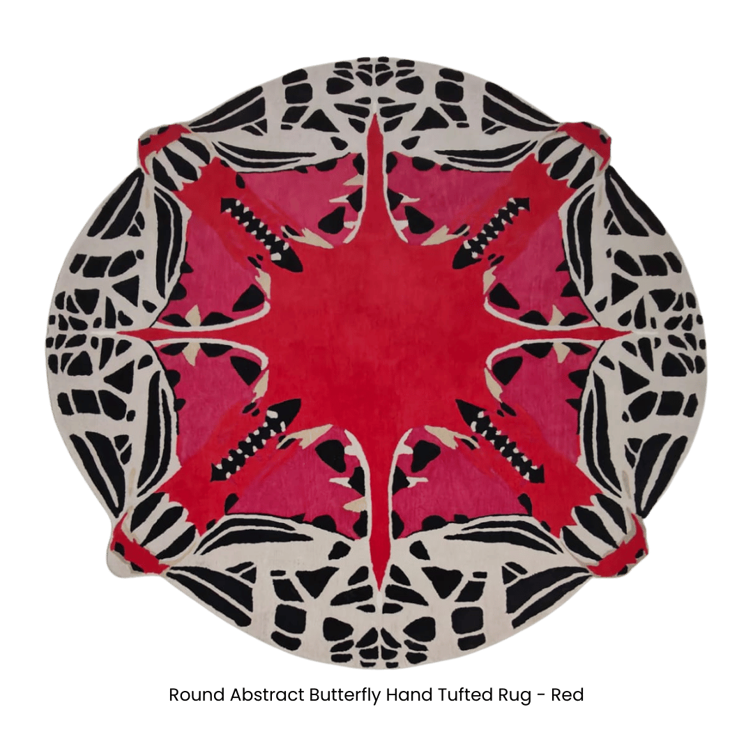 Round Abstract Butterfly Hand Tufted Rug - Red