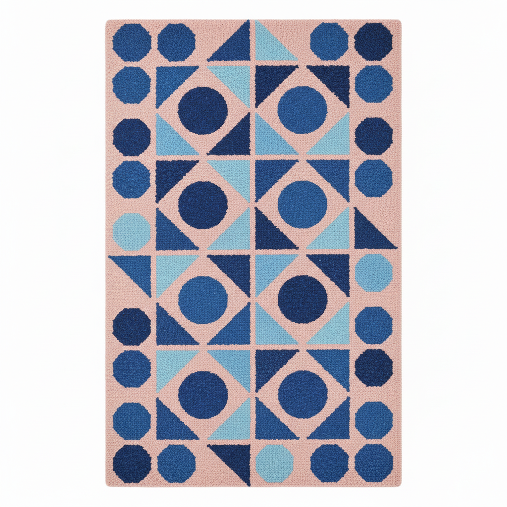 Geometric patterned rug with blue and pink colors on a white background