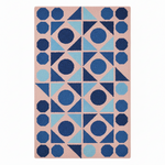 Geometric patterned rug with blue and pink colors on a white background