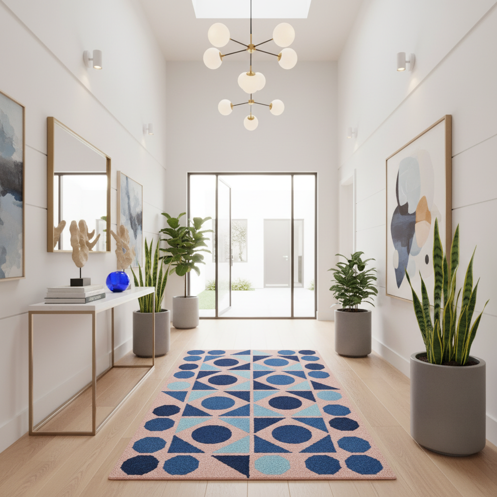Modern interior hallway with a geometric patterned rug, plants, and a chandelier.