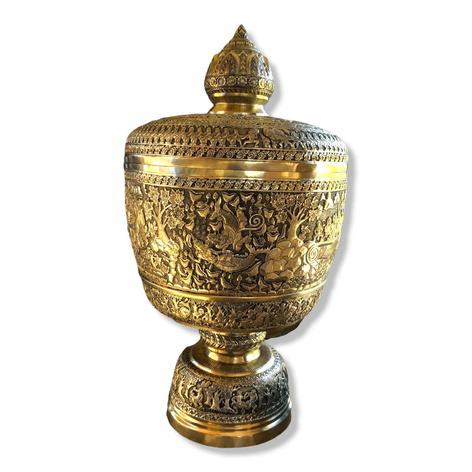 Royal Solid Brass Niello Bowl on Pedestal with Lotus Lid