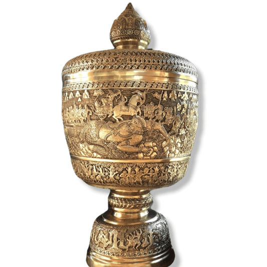 Royal Solid Brass Niello Bowl on Pedestal with Lotus Lid 