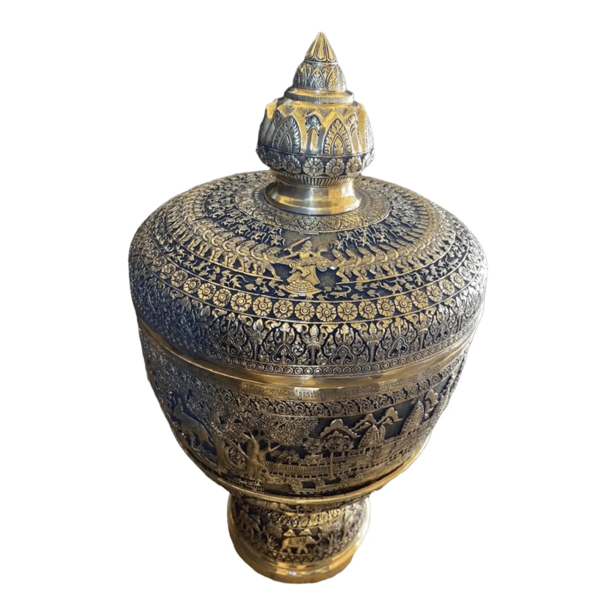 Royal Solid Brass Niello Bowl on Pedestal with Lotus Lid