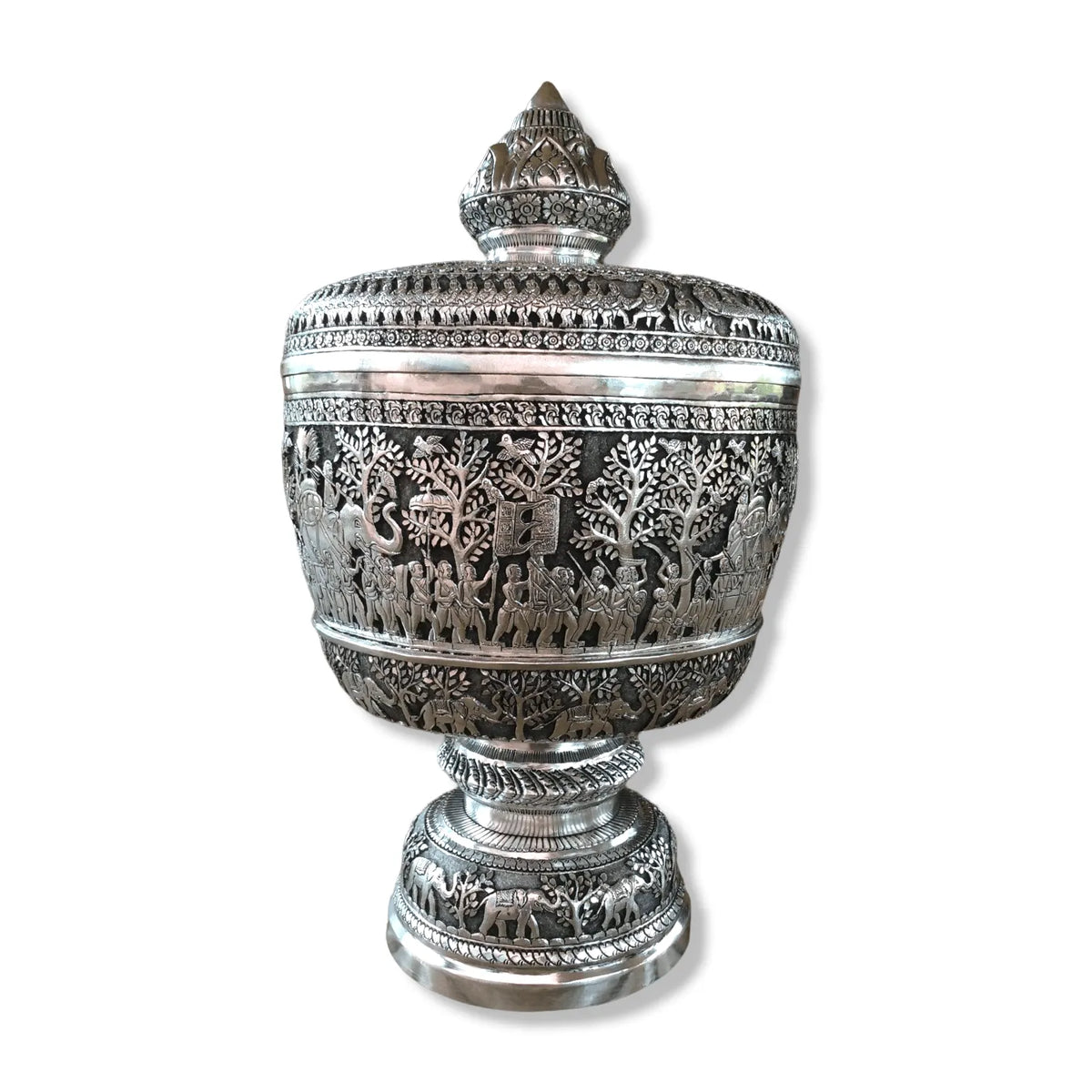 Royal Solid Silver Niello Bowl on Pedestal with Lotus Lid