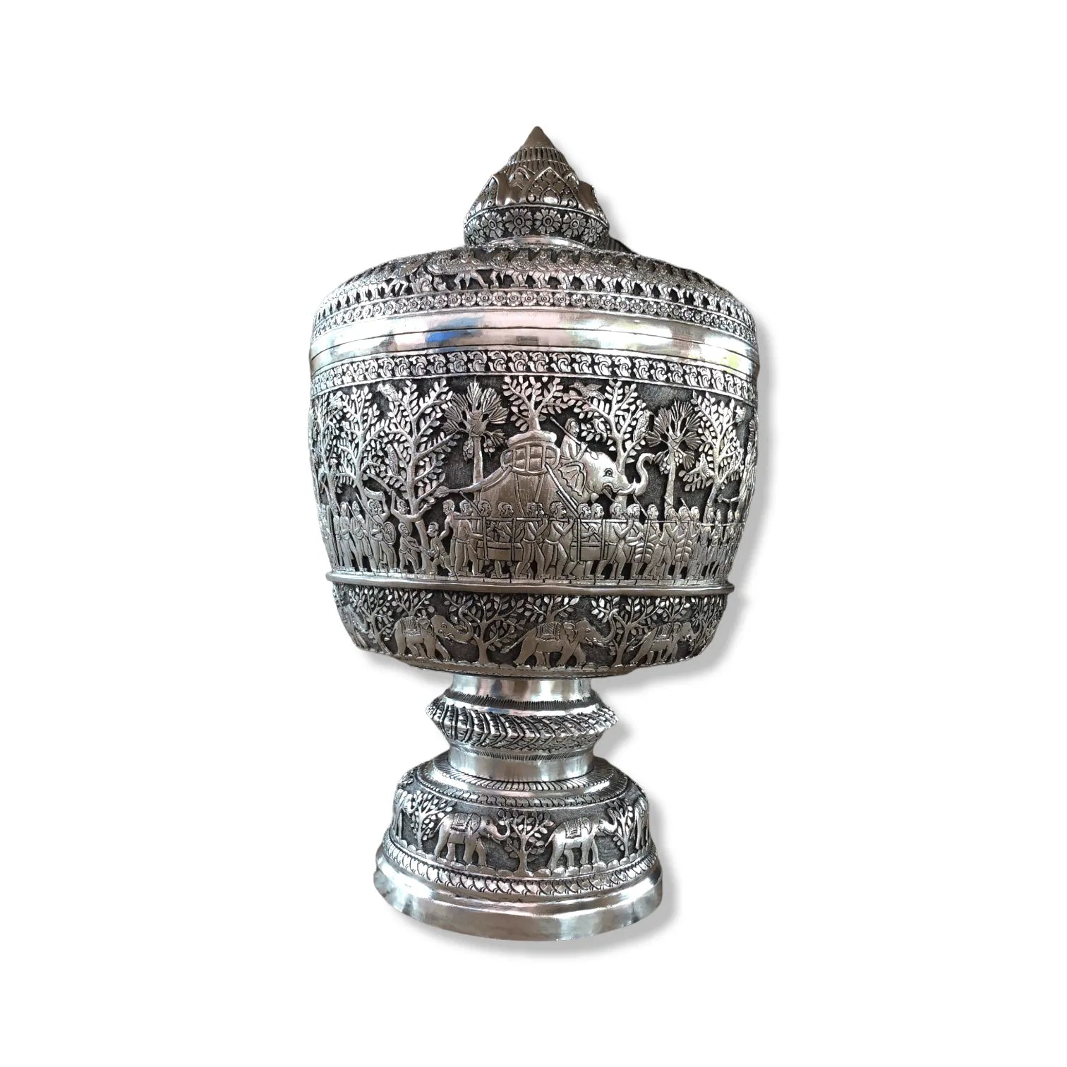 Royal Solid Silver Niello Bowl on Pedestal with Lotus Lid