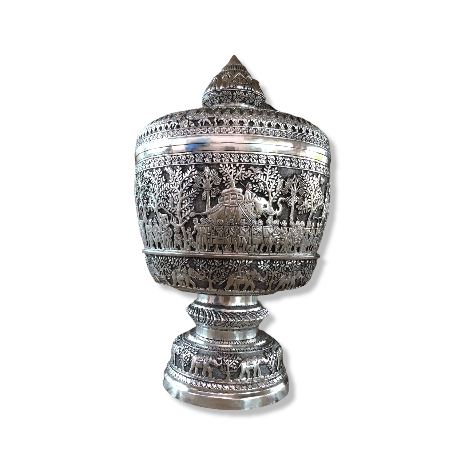 Royal Solid Silver Niello Bowl on Pedestal with Lotus Lid Royal Solid Silver Niello Bowl on Pedestal with Lotus Lid Royal Solid Silver Niello Bowl on Pedestal with Lotus Lid 
