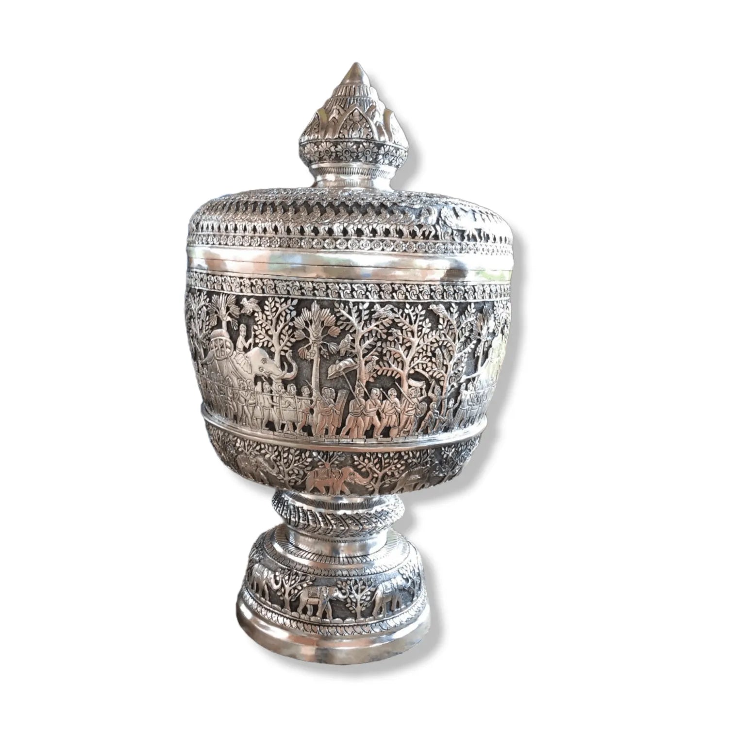 Royal Solid Silver Niello Bowl on Pedestal with Lotus Lid