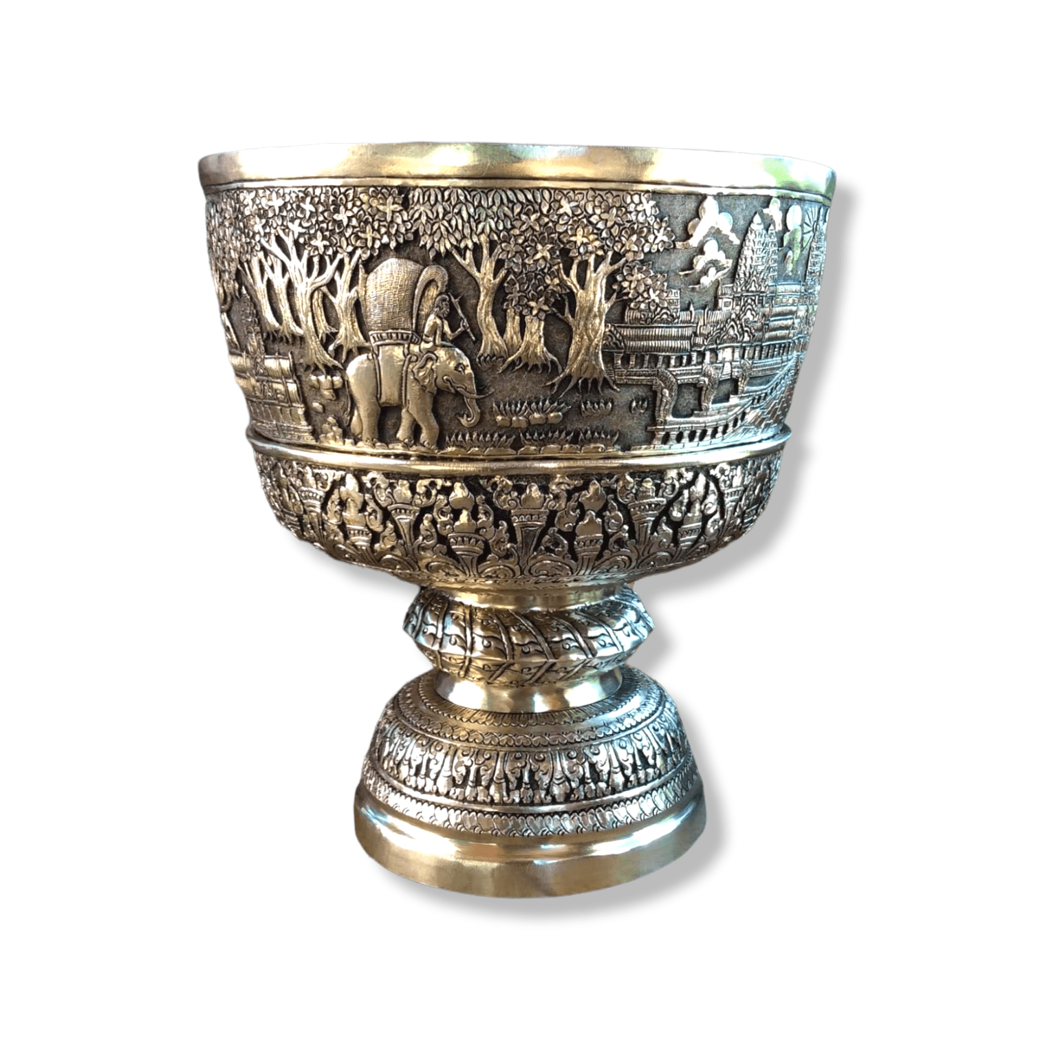 Royal Solid Silver Niello Bowl on Pedestal with Lotus Lid 