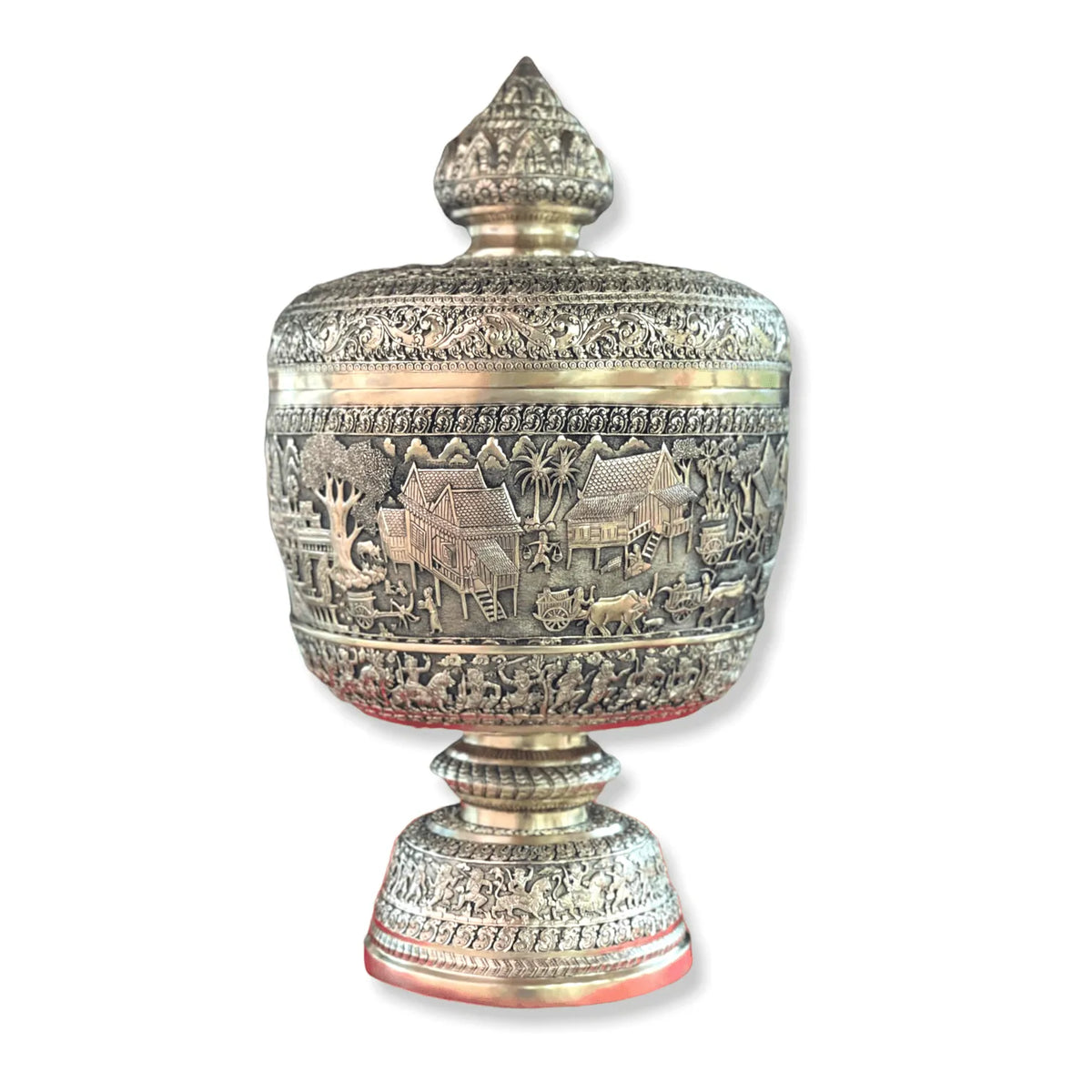 Royal Solid Silver Niello Bowl on Pedestal with Lotus Lid